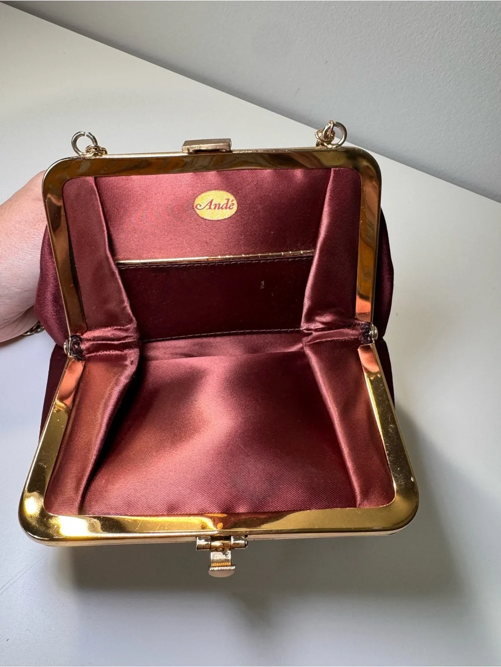 Vintage Retro Burgundy Brown Satin Evening Clutch Bag Gold Chain & lift clasp